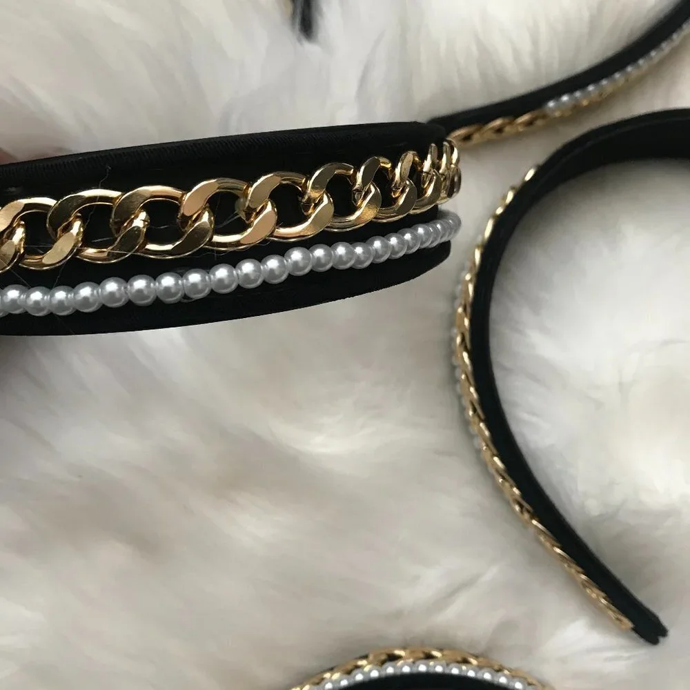 J. ELISE BOUTIQUE NEW TRENDY VELVET Black Gold Chain Pearl Fashion Headband